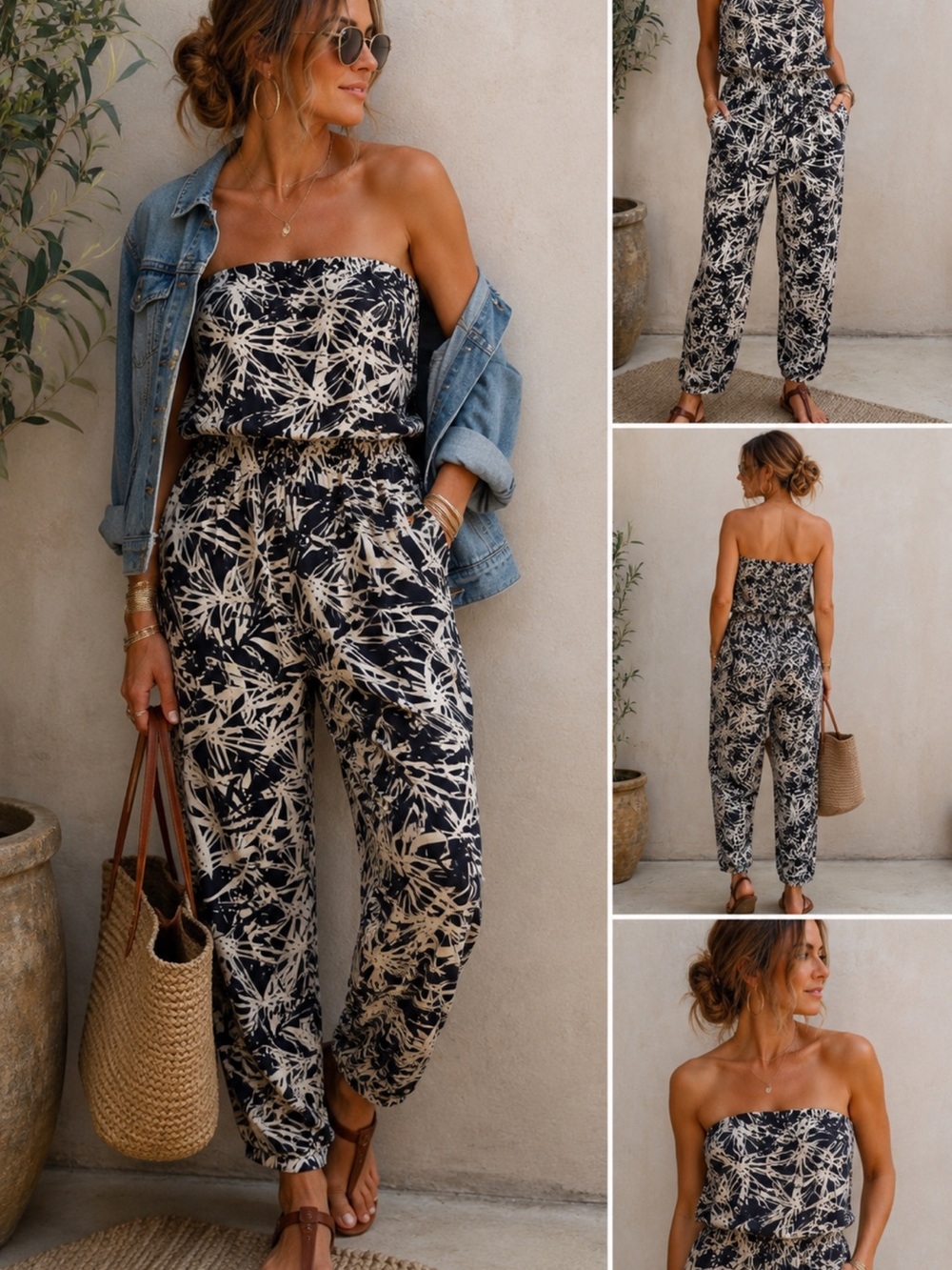 Linen Blend Strapless summer resort wear Jumpsuit tropical straight leg